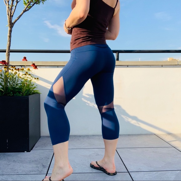 ALALA High Waist Satin Capri Mesh Panels Sheer Royal Blue Crop Jogger - Picture 5 of 16